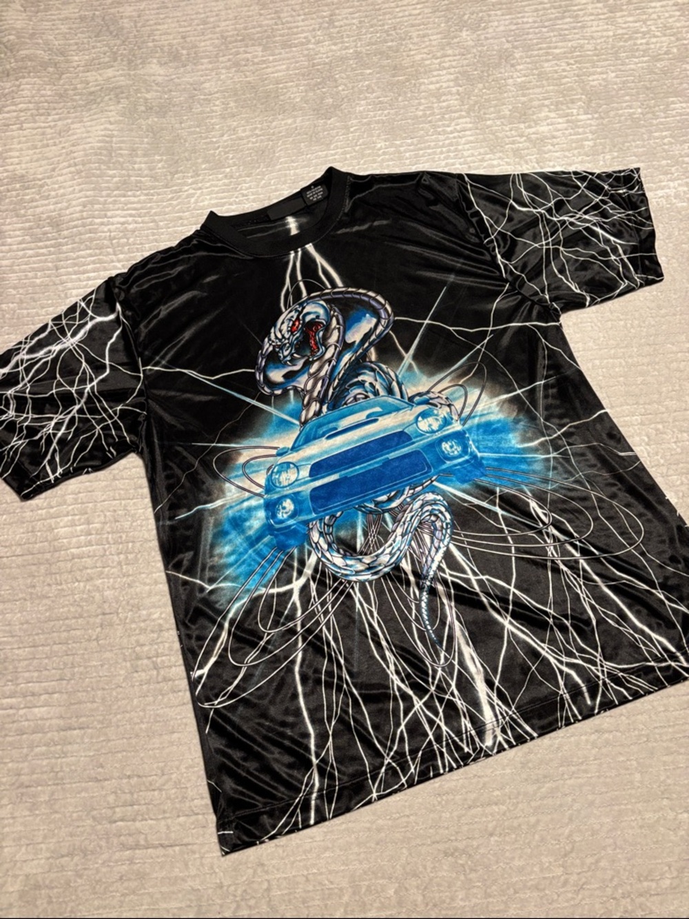 No Boundaries Black Sheer Tee with Blue Car & Snake Graphic